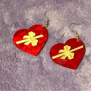 Heart-Shaped Red Earrings with Gold Bow